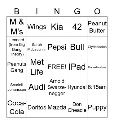 Super Bowl Commercial Bingo Card