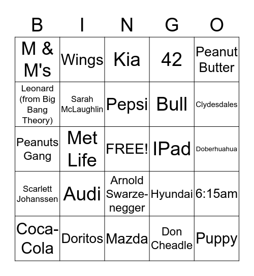 Super Bowl Commercial Bingo Card