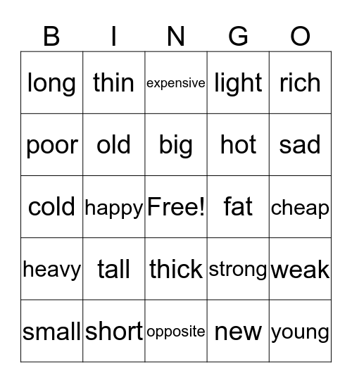 Opposites Bingo Card
