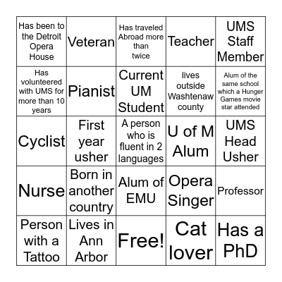 2019 Usher Party Scavenger Hunt Bingo Card