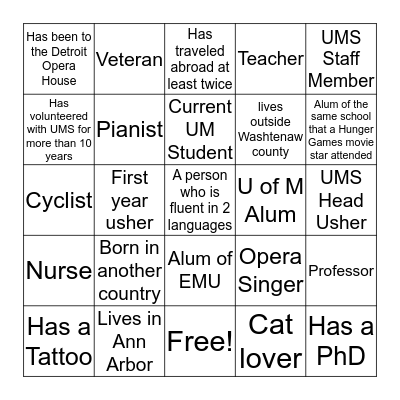 2019 Usher Party Scavenger Hunt Bingo Card