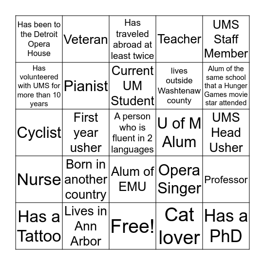 2019 Usher Party Scavenger Hunt Bingo Card