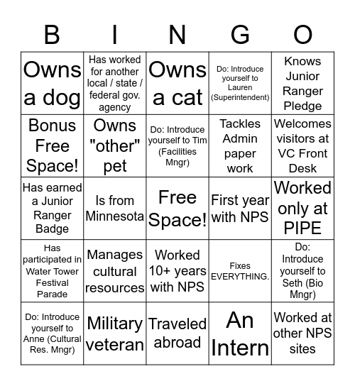 PIPE Employee BINGO Card