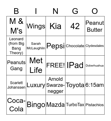 Super Bowl Commercial Bingo Card