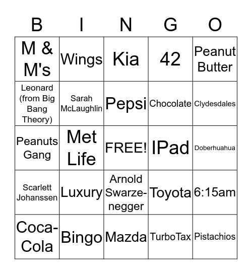 Super Bowl Commercial Bingo Card