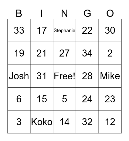 Number Name Bingo SCRAMBLE Bingo Card
