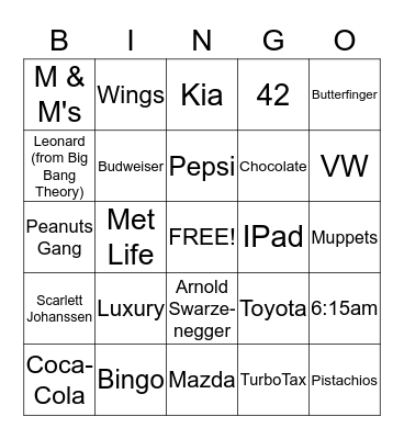 Super Bowl Commercial Bingo Card
