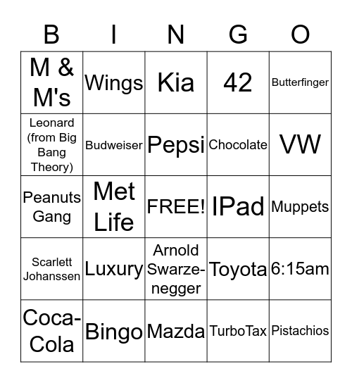 Super Bowl Commercial Bingo Card