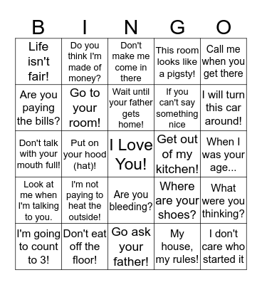 Things Mother's Say Bingo Card