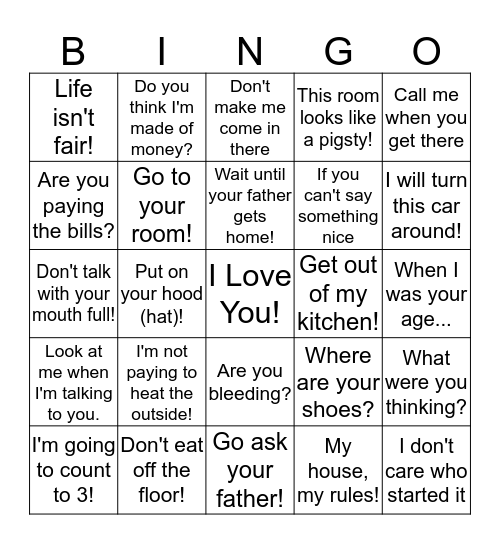 Things Mother's Say Bingo Card