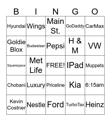 Super Bowl Commercial Bingo Card