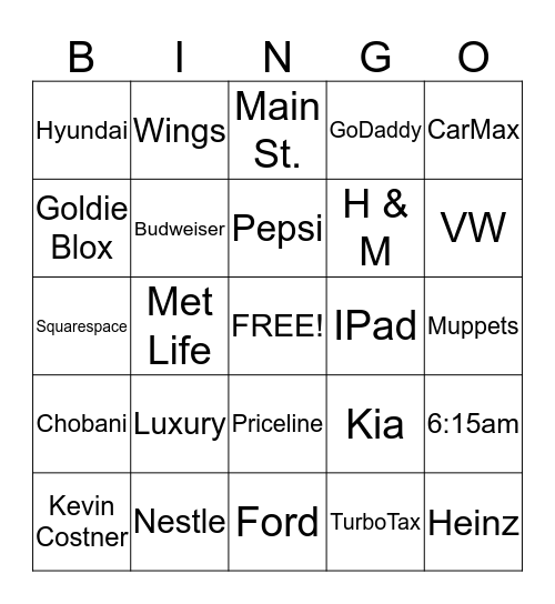 Super Bowl Commercial Bingo Card