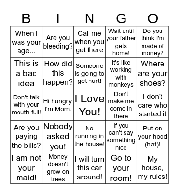 Things Mother's Say Bingo Card