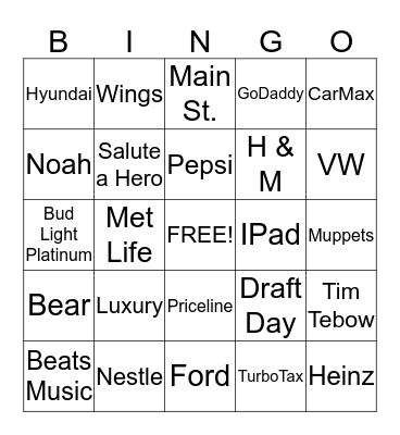 Super Bowl Commercial Bingo Card