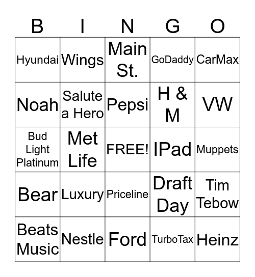 Super Bowl Commercial Bingo Card