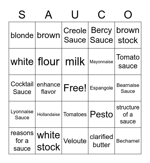 Sauces Bingo Card
