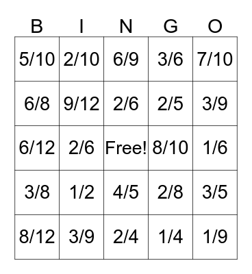 Equivalent Fractions  Bingo Card