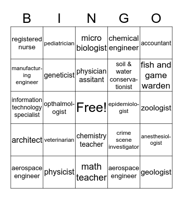 STEM CAREER BINGO Card