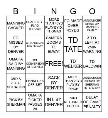 SUPER BOWL XLVIII Bingo Card