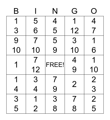 Adding & Subtracting Fraction Bingo Card