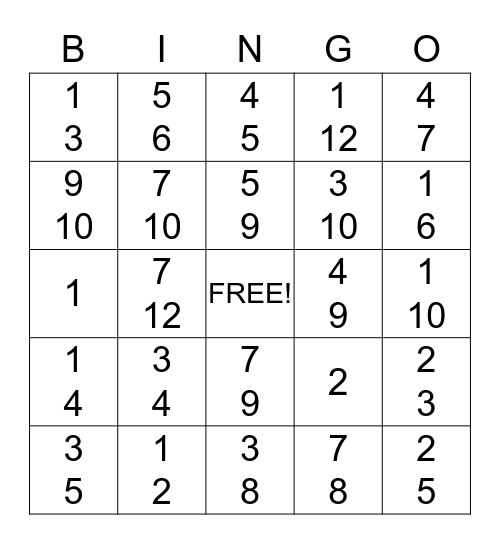 Adding & Subtracting Fraction Bingo Card