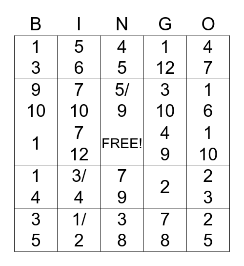 Adding & Subtracting Fraction Bingo Card