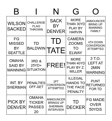 SUPER BOWL XLVIII Bingo Card