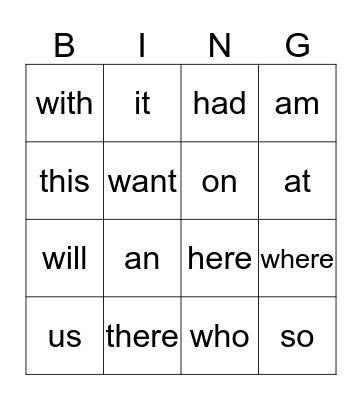 Site Words Bingo Card