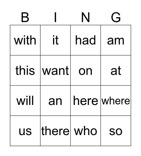 Site Words Bingo Card