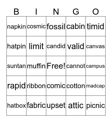 Phonics Challenge Words Bingo Card