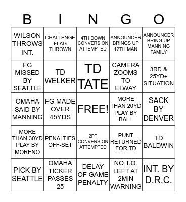 SUPER BOWL XLVIII Bingo Card