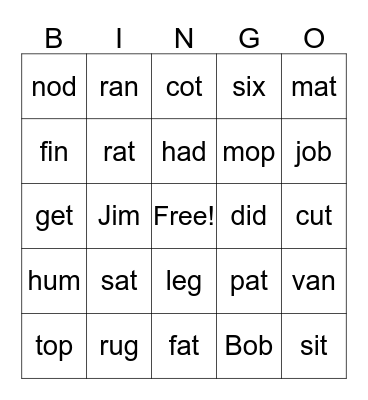 Phonics Spelling Words Bingo Card