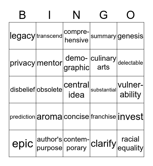 Quarter 4 Vocabulary Bingo Card