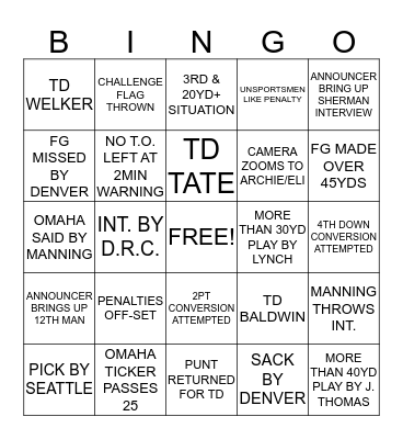 SUPER BOWL XLVIII Bingo Card