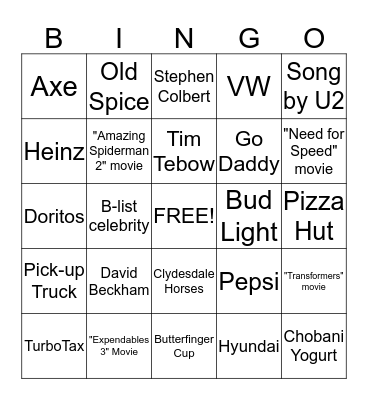 Super Bowl Commercial Bingo Card