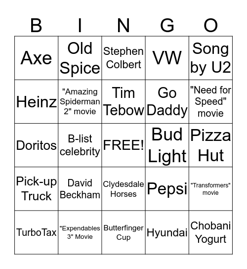 Super Bowl Commercial Bingo Card