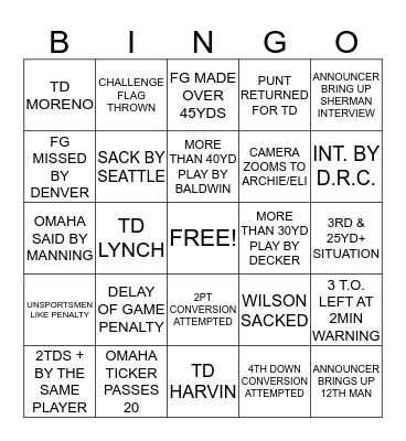 SUPER BOWL XLVIII Bingo Card