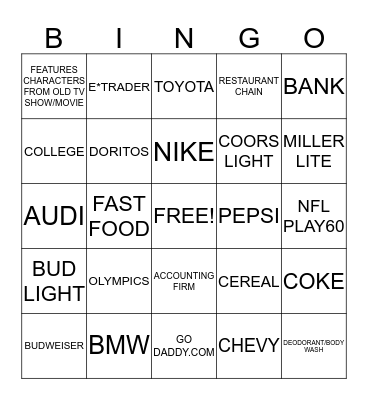 SUPER BOWL COMMERCIALS Bingo Card