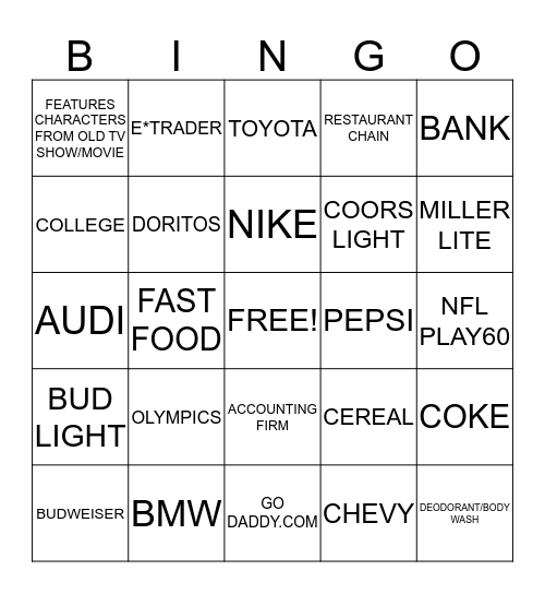 SUPER BOWL COMMERCIALS Bingo Card