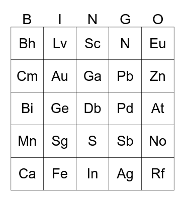 Periodic Table Bingo Card