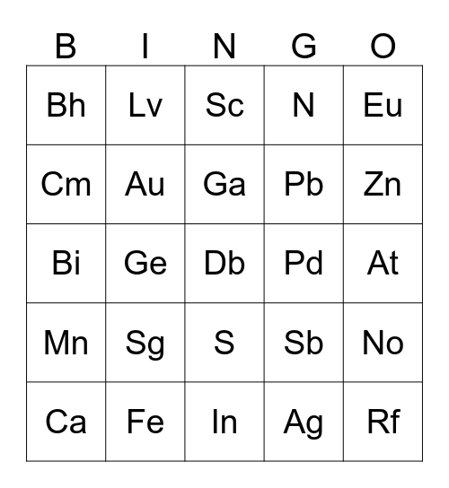 Periodic Table Bingo Card
