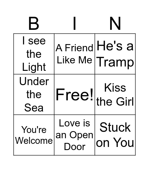 Disney Songs Bingo Card