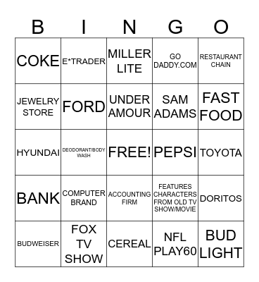 SUPER BOWL COMMERCIALS Bingo Card