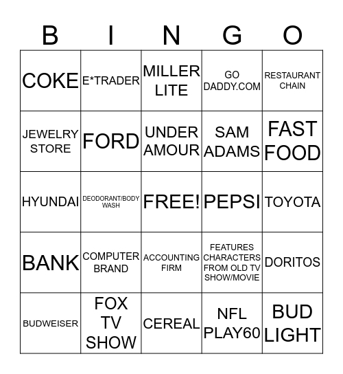 SUPER BOWL COMMERCIALS Bingo Card