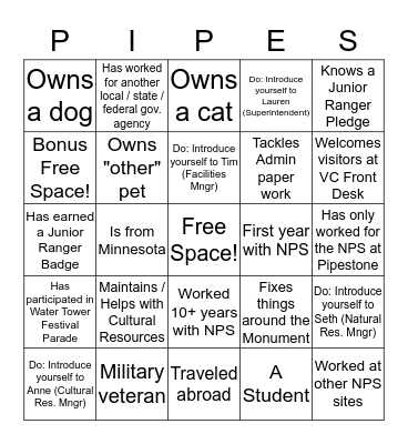 PIPE Employee BINGO Card