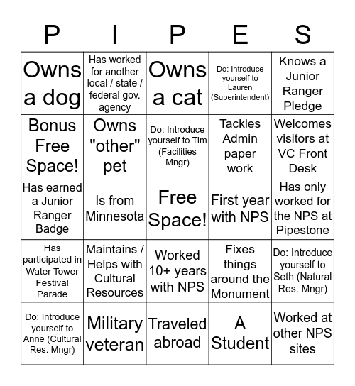 PIPE Employee BINGO Card