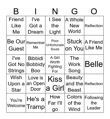 Disney Songs  Bingo Card