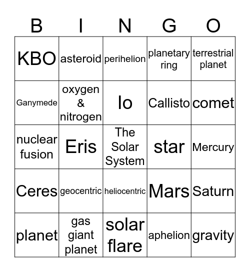 Solar System Bingo Card