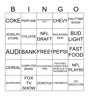 SUPER BOWL COMMERCIALS Bingo Card