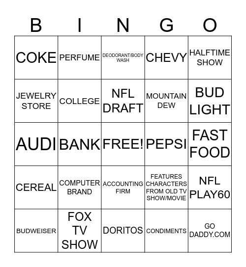 SUPER BOWL COMMERCIALS Bingo Card